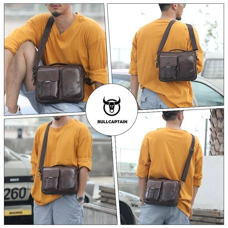 (image for) BULLCAPTAIN Genuine Leather Mens Shoulder Bag Business Crossbody Bag Male Briefcase Messenger Bag Men's Casual Handbags Vintage Flap Clutch Purse Tote
